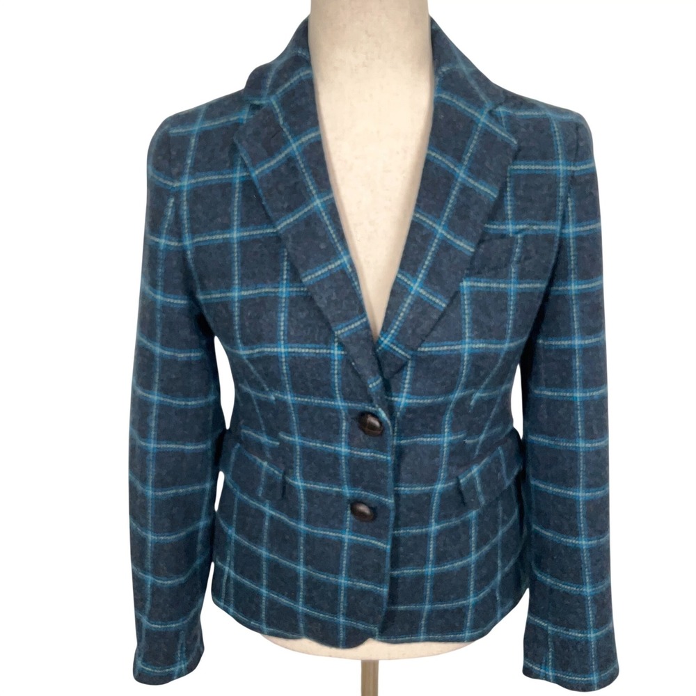 Talbots Blazer Womens 2P Navy Teal Windowpane Plaid Duck Lined Preppy Ivy League